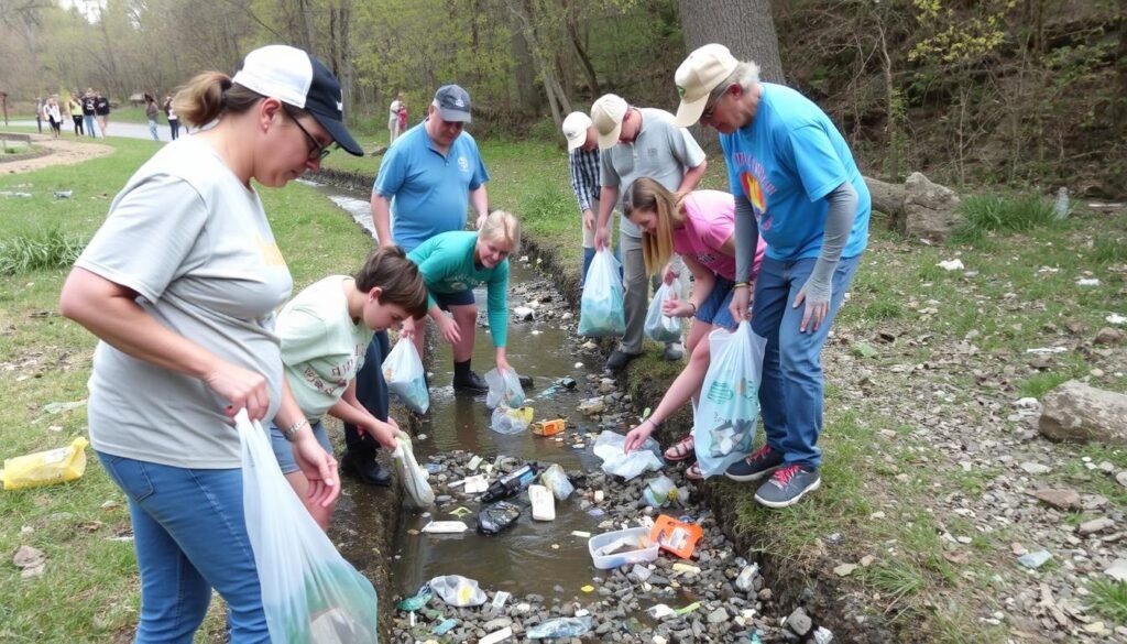 Community members participating in a waterway cleanup event Community members participating in a waterway cleanup event