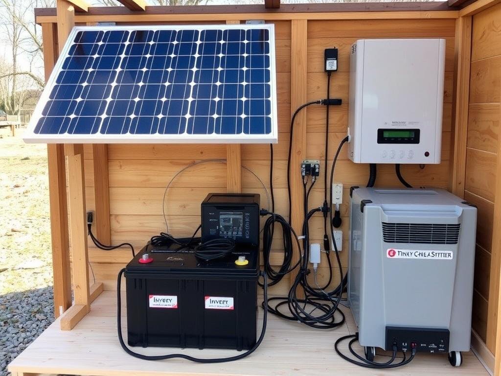 Complete off-grid solar power system with panels, batteries and inverter for a tiny home