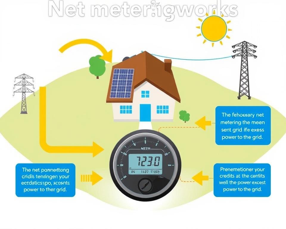 Diagram illustrating how net metering works with solar panels feeding excess electricity back to the grid Diagram illustrating how net metering works with solar panels feeding excess electricity back to the grid