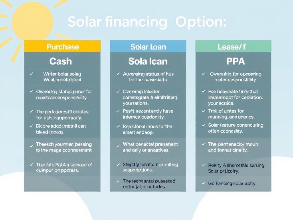 Diagram showing different solar financing options including loans, leases, and cash purchase Diagram showing different solar financing options including loans, leases, and cash purchase