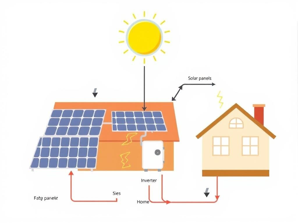 Diagram showing how solar panels convert sunlight into electricity through the photovoltaic effect Diagram showing how solar panels convert sunlight into electricity through the photovoltaic effect