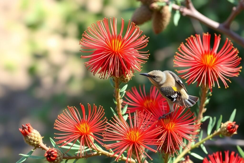 Grevillea flowers in bloom with nectar-feeding birds Grevillea flowers in bloom with nectar-feeding birds