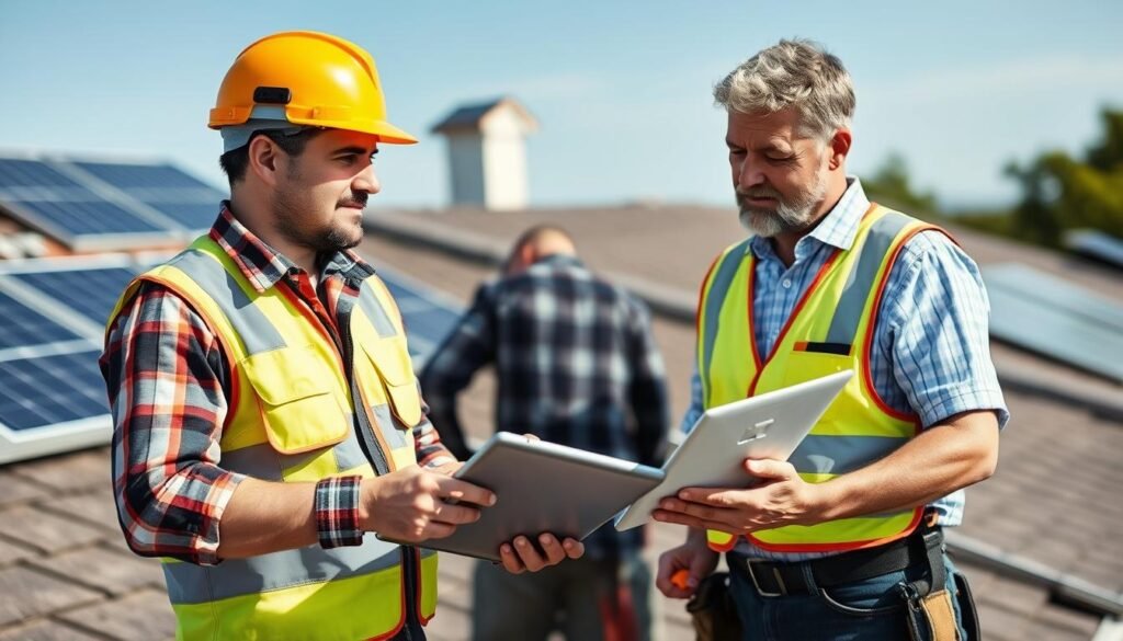 Homeowner discussing solar installation options with a professional installer on a rooftop Homeowner discussing solar installation options with a professional installer on a rooftop