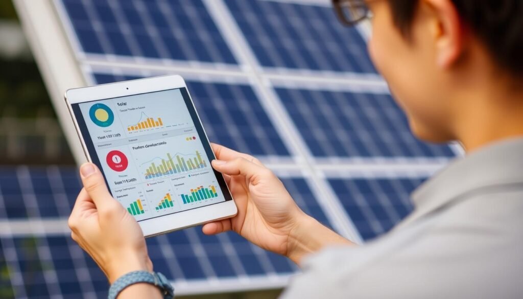Homeowner monitoring solar panel performance on a tablet with energy production graphs Homeowner monitoring solar panel performance on a tablet with energy production graphs