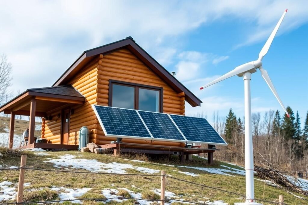 Hybrid off-grid power system with solar panels and wind turbine