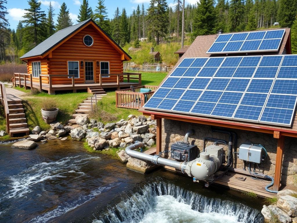 Lakeside cabin powered by micro-hydro and solar off-grid system