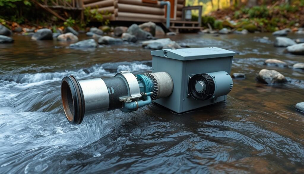 Micro-hydro system installed in a small stream providing off-grid power