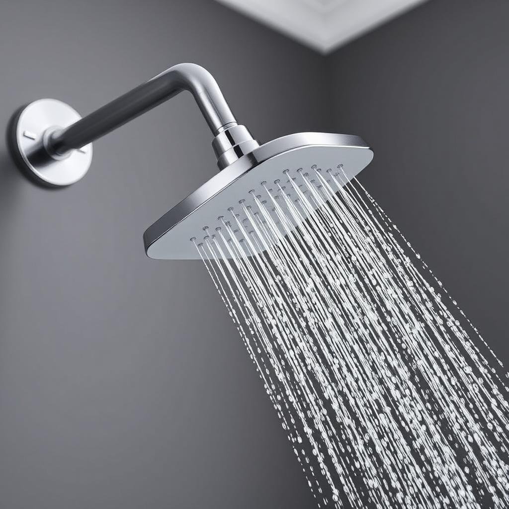 Modern low-flow showerhead spraying water Modern low-flow showerhead spraying water