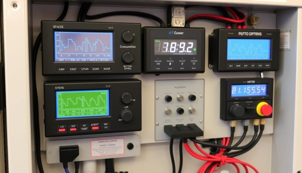 Off-grid power system control panel with monitoring displays