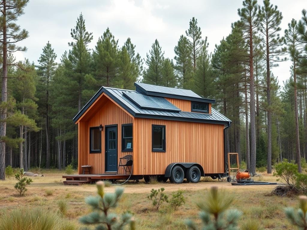 Off-grid solar powered tiny home in a forest setting