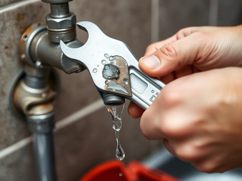 Person fixing a leaking faucet with water conservation tools Person fixing a leaking faucet with water conservation tools