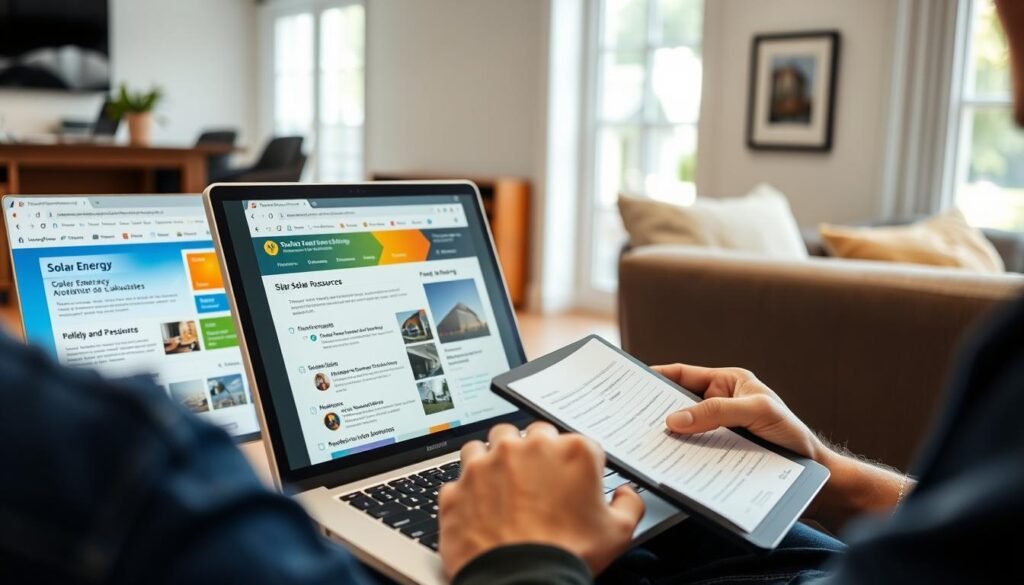Person researching solar energy options on computer with multiple resource websites open Person researching solar energy options on computer with multiple resource websites open