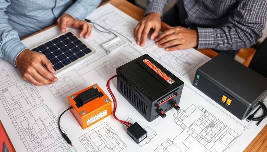 Planning session for off-grid power system with blueprints and components