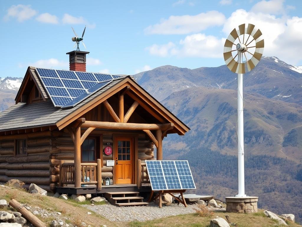Remote mountain cabin with hybrid solar and wind power system
