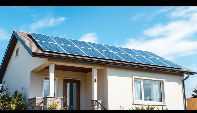 Residential solar panels installed on a modern home roof with solar energy powering a sustainable household
