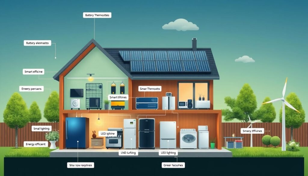 Smart home with solar panels, energy storage, and energy efficient appliances working together Smart home with solar panels, energy storage, and energy efficient appliances working together