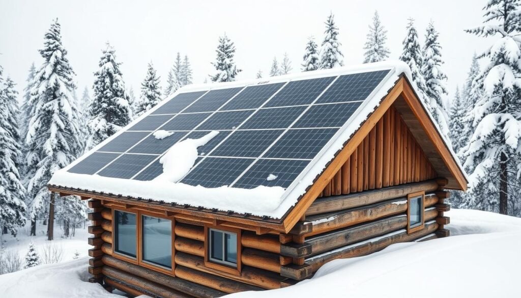 Snow-covered solar panels on an off-grid cabin in winter