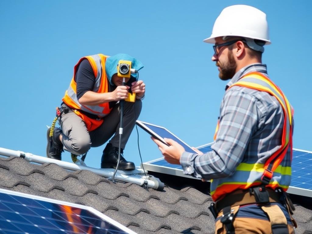 Solar installer examining a roof and taking measurements for panel installation