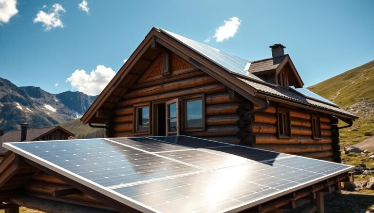 Solar panels installed on a cabin roof with mountain backdrop showcasing off-grid power