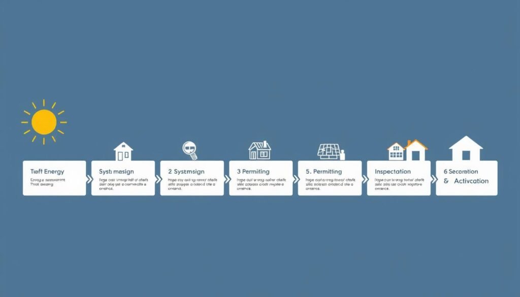Step-by-step process diagram for transitioning to solar power from assessment to installation Step-by-step process diagram for transitioning to solar power from assessment to installation