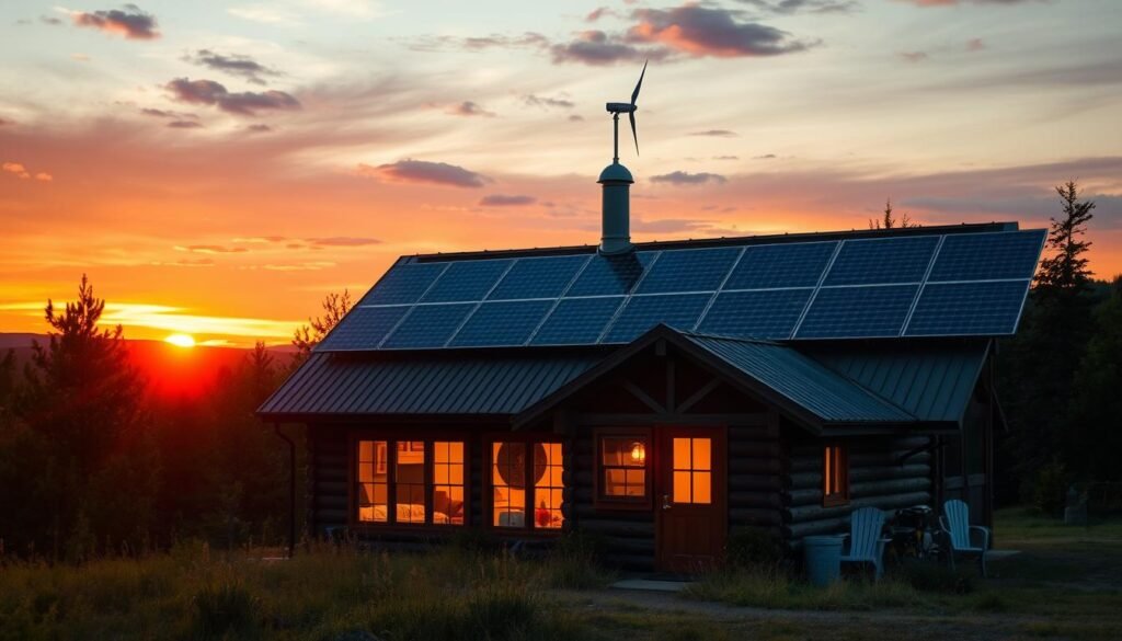 Sunset view of a fully off-grid cabin powered by renewable energy