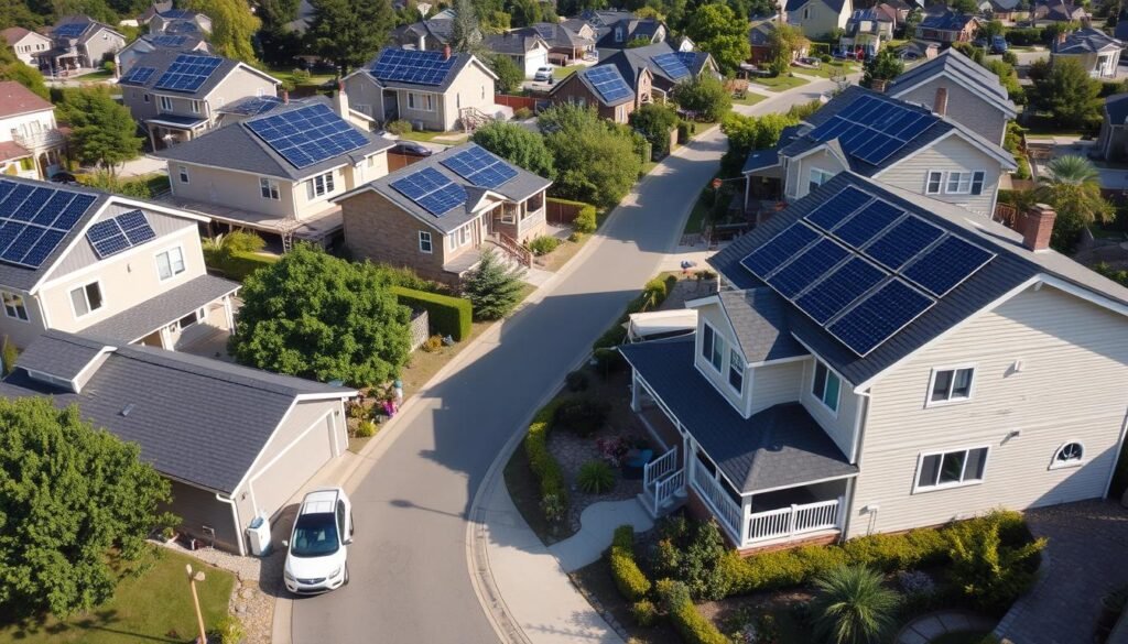 Sustainable neighborhood with multiple homes featuring solar panels and green landscaping Sustainable neighborhood with multiple homes featuring solar panels and green landscaping