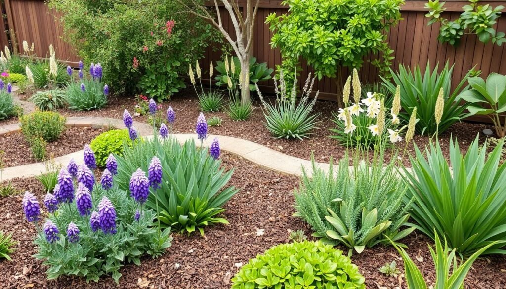 Water-efficient garden with native plants and mulch Water-efficient garden with native plants and mulch