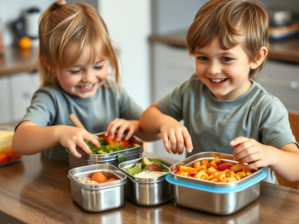 Child using stainless steel lunch containers and reusable water bottle for school lunch Child using stainless steel lunch containers and reusable water bottle for school lunch