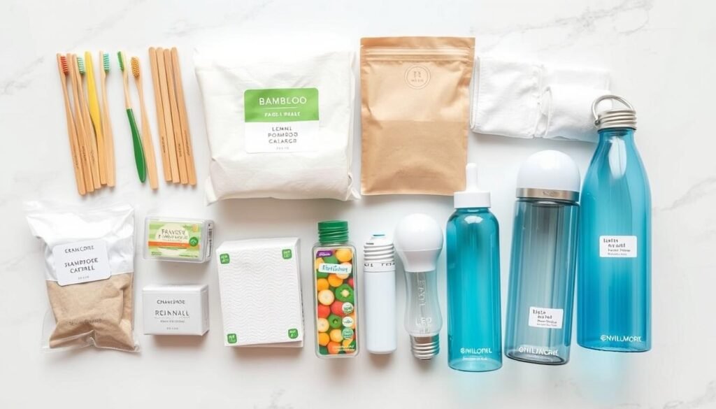 Collection of affordable eco-friendly family products including bamboo toothbrushes, reusable bags, and cloth napkins Collection of affordable eco-friendly family products including bamboo toothbrushes, reusable bags, and cloth napkins