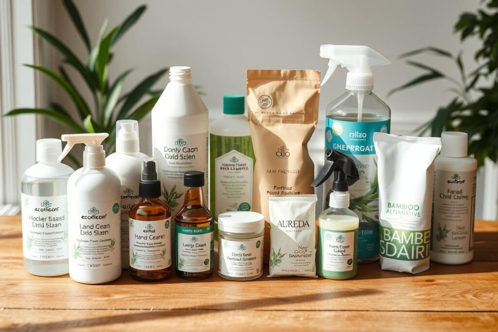 Eco-friendly household products with minimal packaging, representing sustainable choices for families Eco-friendly household products with minimal packaging, representing sustainable choices for families