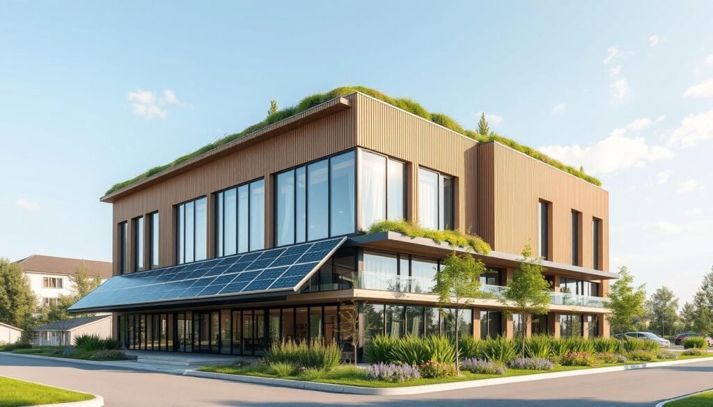 Energy-efficient building demonstrating economic long-term benefits of sustainability