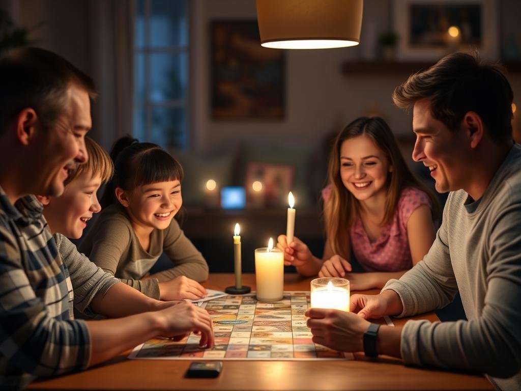 Family having an electricity-free game night by candlelight, making sustainability fun Family having an electricity-free game night by candlelight, making sustainability fun