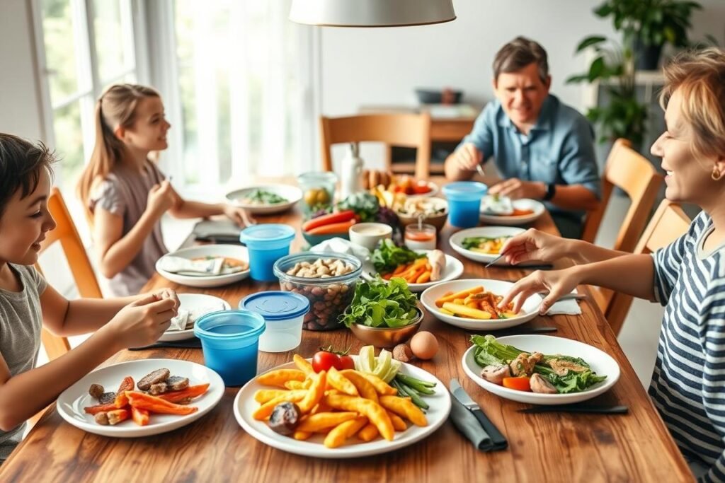 Family meal with reusable containers and locally sourced food, showing sustainable food choices for families Family meal with reusable containers and locally sourced food, showing sustainable food choices for families