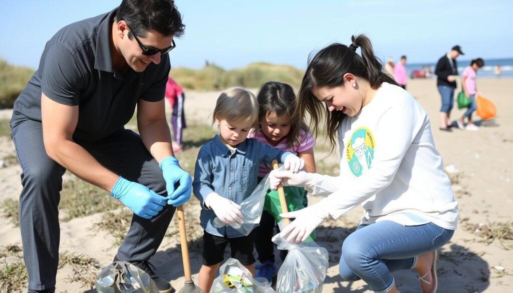 Family participating in a community clean-up event at a local park Family participating in a community clean-up event at a local park