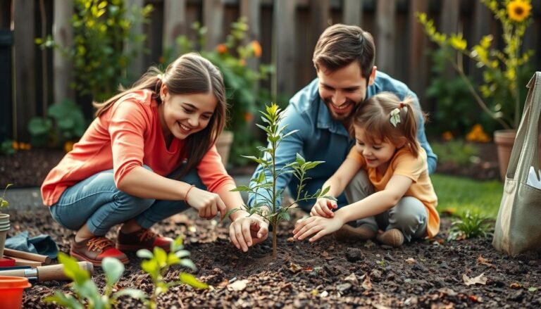 Family planting a small tree together in their backyard, demonstrating sustainable choices for families