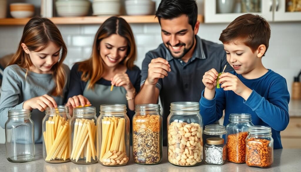 Family repurposing glass jars for food storage and organization, demonstrating budget-friendly sustainable choices Family repurposing glass jars for food storage and organization, demonstrating budget-friendly sustainable choices