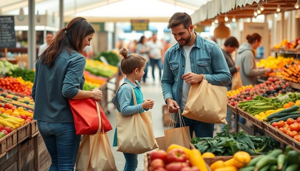 Family shopping at a local farmers market with reusable bags, making sustainable food choices Family shopping at a local farmers market with reusable bags, making sustainable food choices