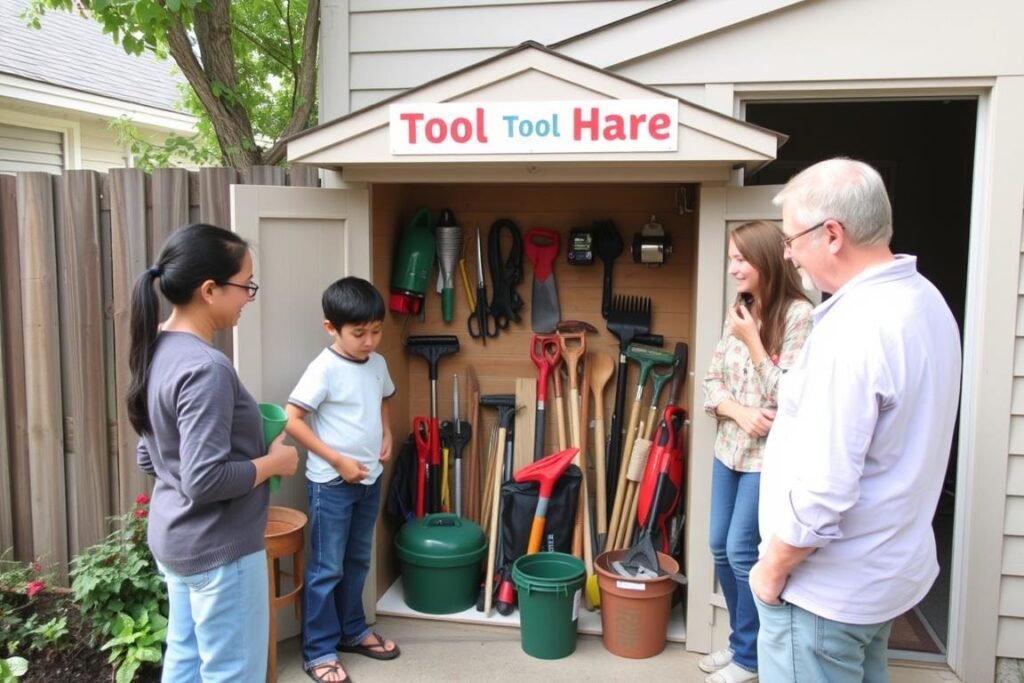 Neighborhood tool sharing library with families borrowing gardening equipment Neighborhood tool sharing library with families borrowing gardening equipment