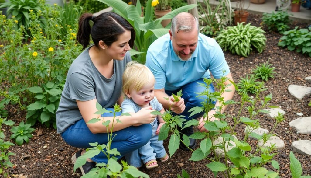 Parent and child examining plants in a garden, learning about sustainable growing practices Parent and child examining plants in a garden, learning about sustainable growing practices