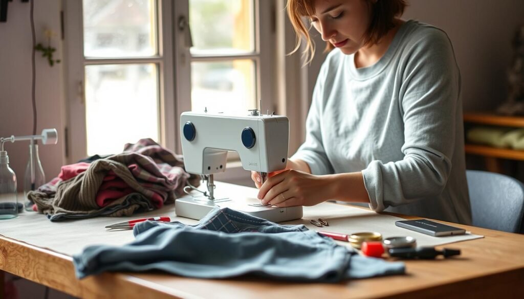 Person repairing clothing instead of discarding it, demonstrating minimalist consumption