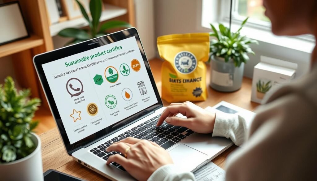 Person researching sustainable brands and certifications on laptop
