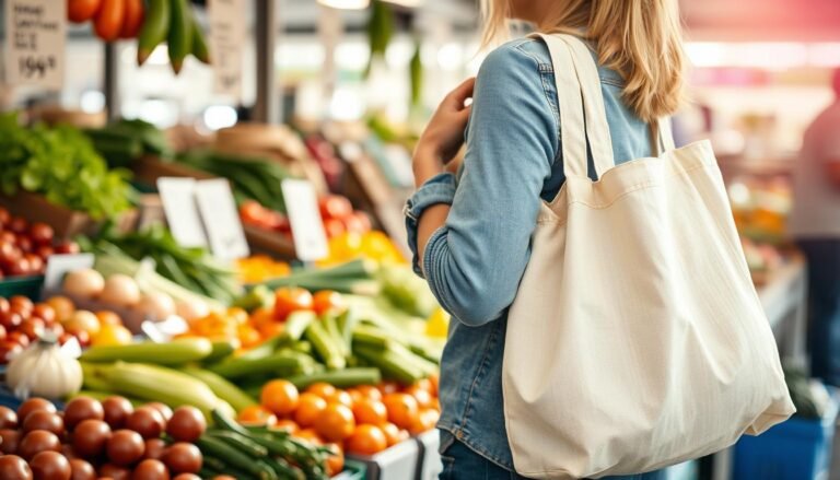 Person using reusable shopping bags and water bottle to reduce single-use plastic waste