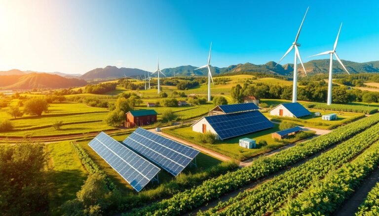 Sustainable landscape showing solar panels, wind turbines, and green buildings representing the long-term benefits of sustainability